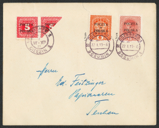 1919 Poland cover from Bogumin to Cieszyn franked with Mi. 31, 34, two postage due 5 heller stamps one normal one bisected (Certificate)