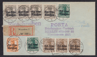1918 Poland, German occupation Censored Registered Cover from Warsaw to Berlin, franked with 4 x Mi. 6, 3 x Mi. 7, 2 x Mi. 8, Mi. 9