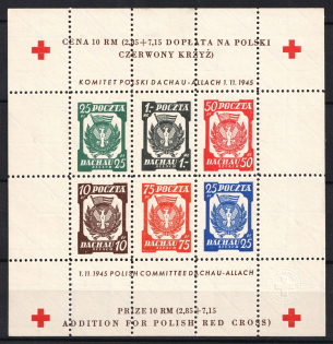 1945 Dachau, Red Cross, Polish DP Camp (Displaced Persons Camp), Poland, Souvenir Sheet (Perf, Lozenge Watermark 'Rising', MNH)