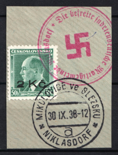 1938 2k on 50h Occupation of Niklasdorf Sudetenland, Germany (Mi. 22, CV $300, NIKLASDORF Postmark)