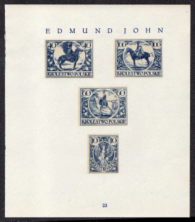 1918 Kingdom of Poland Resurrection, First Definitive Issue Essays, Proofs (Sheet #23, Artist Edmund John, MNH)