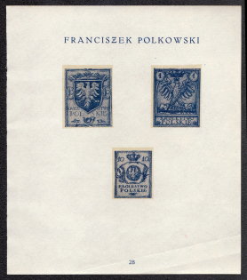 1918 Kingdom of Poland Resurrection, First Definitive Issue Essays, Proofs (Sheet #28, Artist Franciszek Polkowski, MNH)