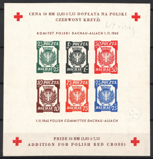 1945 Dachau, Red Cross, Polish DP Camp (Displaced Persons Camp), Poland, Souvenir Sheet (Imperf, Lozenge Watermark 'Falling', MNH)