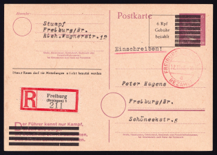 1945 12 (Nov) 6rpf French Zone of Occupation, Registered Postcard from Freiburg to Freiburg, Germany, Freiburg Postmark