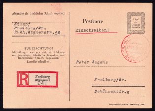 1945 12 (Nov) 6rpf French Zone of Occupation, Registered Postcard from Freiburg to Freiburg, Germany, Freiburg Postmark