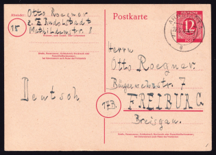 1946 20 (May) 12pf Allied Zone of Occupation, Postcard from Rudolstadt to Freiburg via Arnstadt, Germany, Arnstadt Postmark