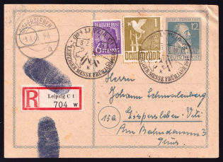 1948 Allied Zone of Occupation, Registered Postcard from Leipzig to Gispersleben, Germany, Special Cancelation, Gispersleben Postmark