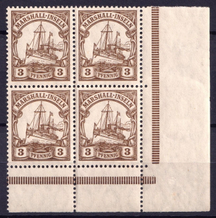 1916-1919 3pf Marshall Islands, German Colonies, Kaiser’s Yacht, Germany, Corner Block of Four (Mi. 26, MNH)