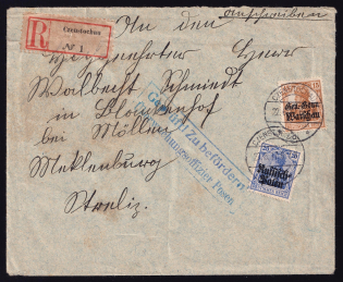 1917 Poland, German Occupation, Germany, Registered Cover, Blankenhof - Mecklenburg-Strelitz - Czestochowa (Mi. 11, 13)