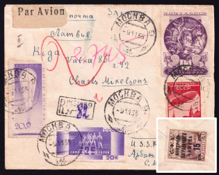 1935 (9 Now) USSR Russia Registered Airmail cover from Moscow to Riga, paying 75k and 15k Foreign Philatelic Exchange surcharge on back