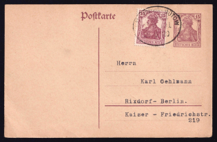 1920 (27 May.) Postal Card from Lauenburg to Berlin, franked 15pf Weimar Republic, Germany