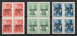 1941 Latvia, German Occupation, Germany, Blocks of Four (Mi. 1, 4, 5, CV $50, MNH)