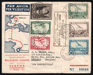 1935 Belgian Congo, First Flight Airmail Registered Cover, Inauguration of the regular air service, Brussels - Leopoldville - Brussels, franked by Mi. 148, 149, 156, 280, 281, 282