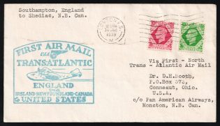 1939 Great Britain, First Flight Trans-Atlantic, England via Ireland - Newfoundland - Canada to USA, Airmail cover, London - Conneaut, franked by Mi. 207X, 280X