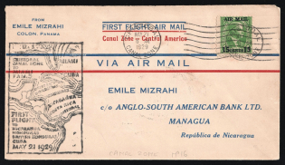 1929 Canal Zone, United States, First Flight Canal Zone to Nicaragua - Honduras - Cuba, Airmail cover, Cristobal - Managua, franked by Mi. 80