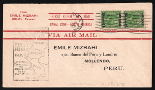 1929 Canal Zone, United States, First Flight Canal Zone to Peru, Airmail cover, Cristobal - Mollendon, franked by Mi. 2x 80