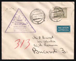 1930 Poland, First Flight Airmail cover, Warsaw - Bucharest, franked by Mi. 230