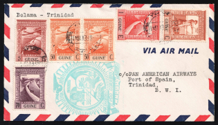 1941 Guinea, First Flight Airmail cover, Bolama - Trinidad, franked by Mi. 224, 233, 235, 2x 243, 247