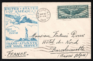 1939 United States, First Flight Trans-Atlantic, Airmail cover, New York - Marseille, franked by Mi. 450