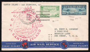 1940 United States, First Flight Canton Island - New Zealand, Airmail cover, Canton Island - San Francisco - New Jersey, franked by Mi. 300, 400