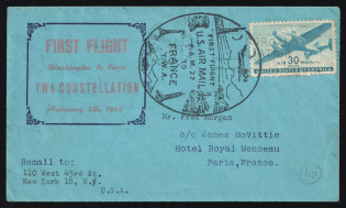 1946 United States, First Flight Airmail cover, New York - Paris, franked by Mi. 505