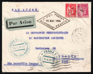 1935 France, First Flight Marseille - Prague, Airmail cover, Nice - Prague, franked by Mi. 276, 283