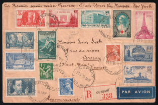 1939 France, First Flight, Registered Airmail cover, Cernay - Marseille - New York - Cernay, franked by Mi. 376, 378, 394, 421, 431, 434, 435, 440, 441, 442, 443, 446, 448, 449