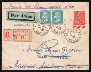 1929 France, First Flight Paris - Madrid, Registered Airmail cover, Le Bourget - Madrid (Return to Sender), franked by Mi. 161, 2x 197
