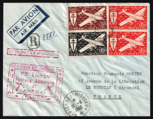 1948 Saint Pierre and Miquelon, French Colonies, First Flight, Registered Airmail cover, Saint Pierre and Miquelon - Le Bouscat