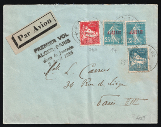 1935 Algeria, First Flight to Paris, Airmail cover, Algeria - Paris