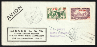 1943 Mauritania, Senegal, French Colonies, Airmail cover, Abidjan - Pointe - Noire - Madagascar (Return to Sender)