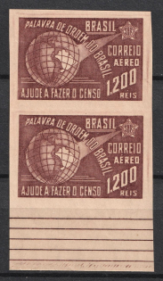 1941 1,200r Brazil, Airmail, Pair (IMPERFORATED, no Watermark, Full Set, MNH)