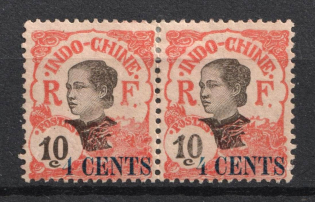 1919 4c on 10c Indochina, French Colonies, Pair (DIFFERENT Types of '4')