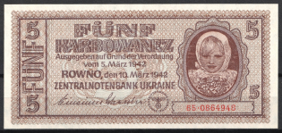 1942 5 Karbovantsiv Banknote, German Occupation of Ukraine (65 Series)