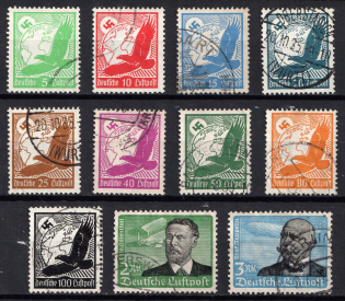 1934 Third Reich, Germany, Airmail (Mi. 529x - 539x, Full Set, Canceled, CV $120)