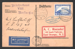 1928 (7 Oct) Germany, Graf Zeppelin airship airmail postcard from Berlin via Friedrichshafen to East Orange (United States) via New York, 1st flight to North America 'Friedrichshafen - Lakehurst' (Sieger 21 A, CV $120)