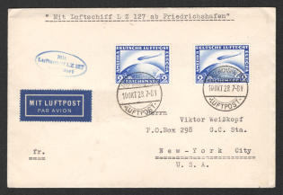 1928 (10 Oct) Germany, Graf Zeppelin airship airmail cover from Friedrichshafen to New York (United States), 1st flight to North America 'Friedrichshafen - Lakehurst' (Sieger 21 A, CV $120)