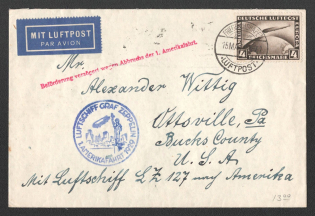 1929 (15 May) Germany, Graf Zeppelin airship airmail cover from Friedrichshafen to Ottsville (United States) via New York, Flight to North America 1929 'Friedrichshafen - Lakehurst' (Flight delay, Sieger 26 A, CV $120)