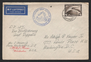 1929 (31 Jul) Germany, Graf Zeppelin airship airmail cover from Friedrichshafen to Washington (United States), Flight to North America 1929 'Friedrichshafen - Lakehurst' (Sieger 27 A, CV $100)