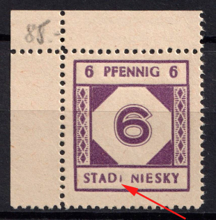 1945 6pf Niesky (Oberlausitz), Germany Local Post (Mi. 5 I, Broken 2nd 'T' in 'STADT', Print Error, Corner Margins, CV $160, MNH)