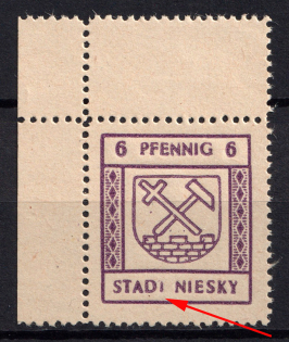 1945 6pf Niesky (Oberlausitz), Germany Local Post (Mi. 6 I, Broken 2nd 'T' in 'STADT', Print Error, Corner Margins, CV $200, MNH)