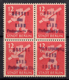 1945 12pf Fredersdorf (Berlin), Germany Local Post, Block of Four (Mi. 70, One Overprint INVERTED, Print Error, High CV, MNH)