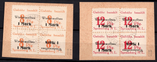 1946 Spremberg (Lower Lusatia), Germany Local Post, Blocks of Four (Mi. 19 A, 19 A K, 20 A, 20 A K, Full Set, One Overprint INVERTED, Unofficial Issue, Signed, Canceled, CV $210)