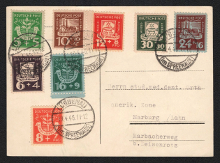 1946 (19 Apr) Lubbenau (Spreewald), Germany Local Post, Postcard to Marburg (Lahn) (Mi. 1 B - 8 B, Full Set, CV $210)