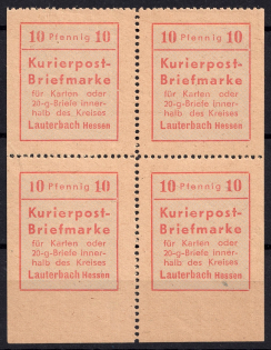 1945 10pf Lauterbach (Hesse), Germany Local Post, Block of Four (Mi. 1, 1 II, Unofficial Issue, Full Set, CV $310, MNH)