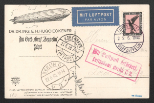 1930 (22 Jun) Germany, Graf Zeppelin airship airmail postcard from Kobenhavn to Lorch, Germany flight 'Hamburg - Berlin' (Sieger 68 Db, CV $110)