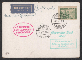 1931 (14 Jun) Germany, Graf Zeppelin airship airmail postcard from Friedrichshafen to Kleinhelmsdorf, Flight to Hannover 'Friedrichshafen - Hannover' (Sieger 111 Aa, CV $90)