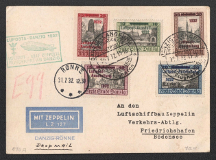 1932 (31 Jul) Germany, Graf Zeppelin airship airmail cover from Danzig to Friedrichshafen Airdrop Ronne, East Prussia flight 1932 'Danzig - Friedrichshafen' (Sieger 169 Aa, CV $140)