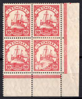1909-19 10pf Togo, German Colonies, Kaiser’s Yacht, Germany, Block of Four (Mi. 22, Corner Margins)