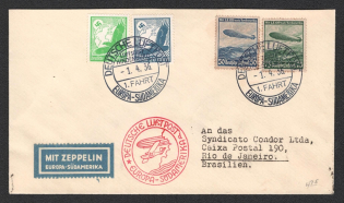 1936 (1 Apr) Germany, Hindenburg airship airmail cover from Friedrichshafen to Rio de Janeiro (Brazil), 1st flight to South America 'FN-Lowental - Rio de Janeiro' (Sieger 403 A, CV $50)